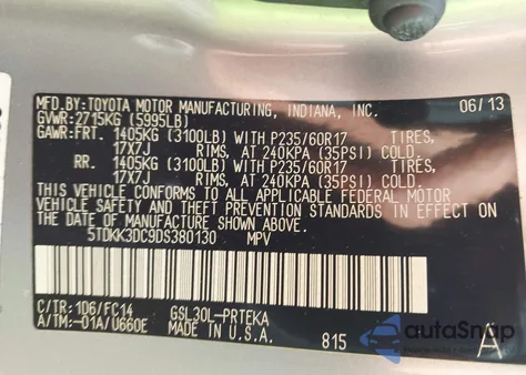 2013 Toyota Sienna Le V6 8 Passenger из США, поврежденный, VIN 5TDKK3DC9DS380130